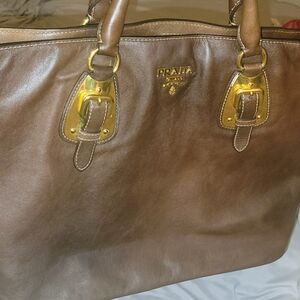 Prada Tan Leather Tote with Gold Accents